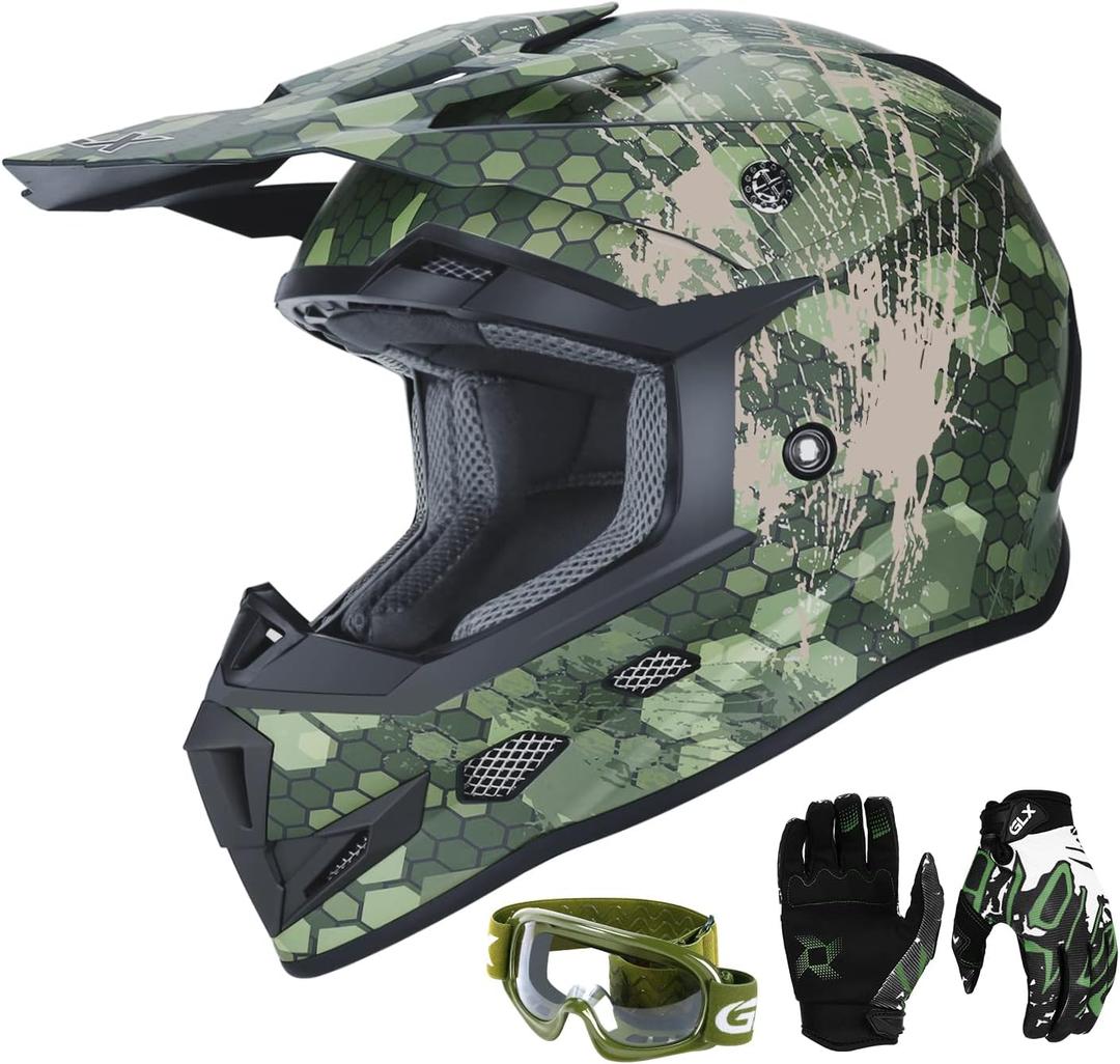 GLX GX623 Youth ATV/Dirt Bike Helmet Combo - Camo, Large - DOT, Large