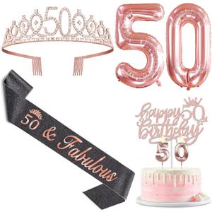50th Birthday Decorations for Her with Black 50th Birthday Sash and Crown, Cake Topper and Candles, Number Balloons Rose Gold, 50 Year Old Gifts for Women