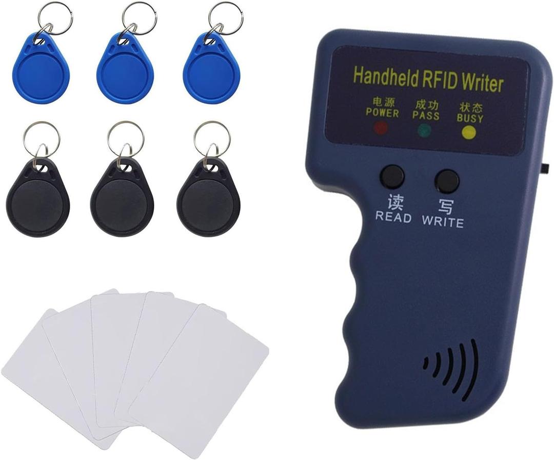 125kHz Handheld RFID Reader and Writer, Portable ID Card Copier Device for T5577/EM4305 Includes 6 Blank Key Fobs & 5 writable Cards for Duplicating Access Cards, Parking Permits(Battery Not Included)