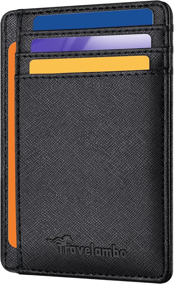Travelambo Slim Wallet Front Pocket Minimalist Leather RFID Blocking Medium Size (Cross Grain Black)