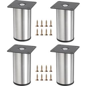 OwnMy 4PCS 4 Inch Stainless Steel Furniture Legs Feets Metal Cabinet Desk Legs, Silver Round Metal Furniture Risers Coffee Table Replacement Legs Heavy Duty Sofa Legs TV Stand Legs Dresser Chair Legs