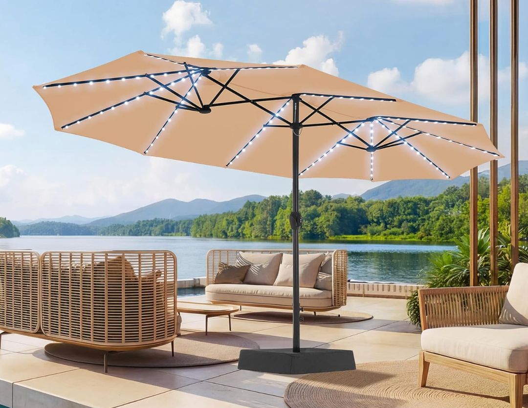 SUPERJARE 15ft Large Patio Umbrella with Base included, Double Sided Outdoor Umbrella with Solar Lights, Pool Umbrella with Fade Resistant Canopy for Deck, Porch, Yard, Balcony, Beige
