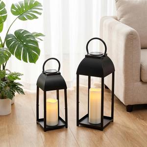 Set of 2 Black Solar Lanterns Outdoor Metal Decorative Lanterns with 2 Candles, Large Farmhouse Hanging & Table Decor for Garden Yard Patio Porch Wedding(20.5"&16.5")