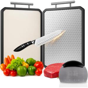 PurpleDove Double-Sided Cutting Board Set [Large] SS304 Stainless Steel Chopping Boards | Stain-Resistant, Non-Porous | Reversible Chopping Board for Meat & Vegetables