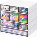 FODIENS Desk Storage Organizer with 9 Drawers, 4 Tiers Stackable Desktop Craft Storage Drawers, Clear Storage Box Caddy for Stationery Makeup Jewelry Office Craft Supplies (White)