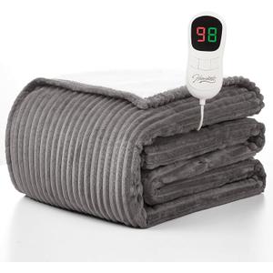 Homemate Heated Blanket Electric Throw - 50"x60" Heating Blanket Throw 1/2/4/6/8 Hours Auto-Off 10 Heat Levels Over-Heat Protection Soft Flannel Sherpa Heater ETL Certification (Light Grey (Striped))