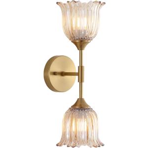 2-Lights Gold Wall Sconce with Amber Glass Shades Modern Mid Century Bathroom Vanity Wall Light Fixtures Industrial Brushed Brass Wall Lamp for Bedroom Mirror Living Room Restaurant