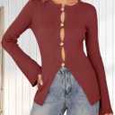 Womens 2026 Spring Slim Fitted Sweater Golden Button Split Tops Trendy Long Sleeve Open Front Knit Cardigan, Large