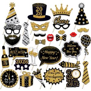 30Pcs New Year's Eve Photo Booth Props with Stick, 2026 NYE Theme Selfie Props, NY Party Supplies, Photography Backdrop Decorations Kit