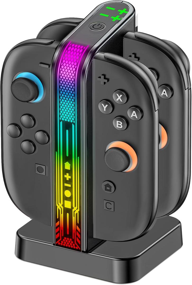 2 x Switch 2 Controller Charger Dock for 2025 Nintendo Switch 2 JoyCon, 2.5H Fast Magnetic Charging Station with LED RGB & Indicator, Compact Joy-Con 2 Detachable Charging Accessories with Cable Protector