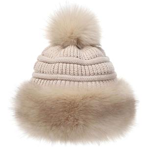 Soul Young Women's Faux Fur Hat Black Russian Cossack Knit Pompom Ski Snow Cap for Winter White (Khaki)