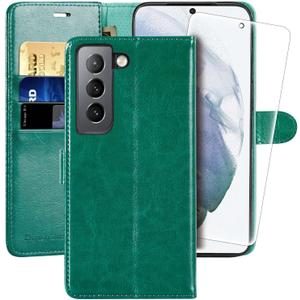 MONASAY Wallet Case Compatible for Galaxy S21 FE 5G, 6.4 inch [Screen Protector Included][RFID Blocking] Flip Folio Leather Cell Phone Cover with Credit Card Holder, Green