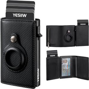 YESIIW Airtag Wallet for Men, RFID Blocking Wallet Pop Up Card Holder, Smart Wallet Apple AirTag Holder, Minimalist Trifold Leather Wallet with ID Window, Cash Slot (Fine Stripe Black)