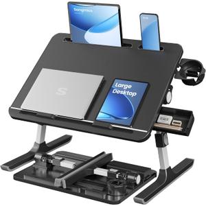 SONGMICS Bed Laptop Desk, Foldable Bed Desk for Laptop, 15.7 x 22 Inches Large Desktop, 120 Stepless Tilt, Adjustable Height, Cup Holder, Tray, Portable Bed Sofa Table, Ink Black ULLD113BC01