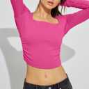 Hafailia Backless Long Sleeve Tops for Women - Casual Y2K Crop Shirts Square Neck Slim Fit Cut Out Workout Tees 2024 Hot Pink XS (Pink, XS)