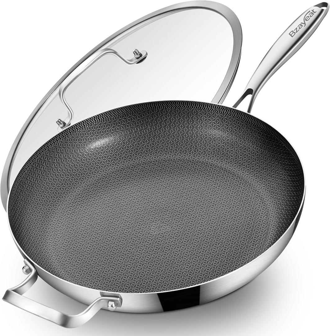 14-Inch Nonstick Hybrid Frying Pan with Lid, Ceramic Coated Tri-Ply Stainless Steel Induction Chef's Pan, Large Skillet, PFOA Free, Oven & Dishwasher Safe for All Stoves, Detachable Handle