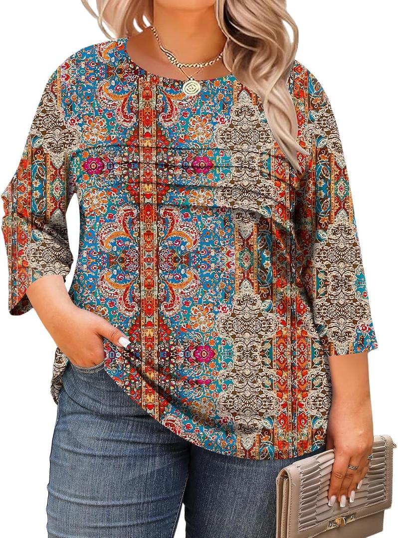 LOMON Plus Size Women Blouses 3/4 Length Sleeve Tops Crewneck Pleated Casual Tees Shirts (XX-Large, Bohemian)
