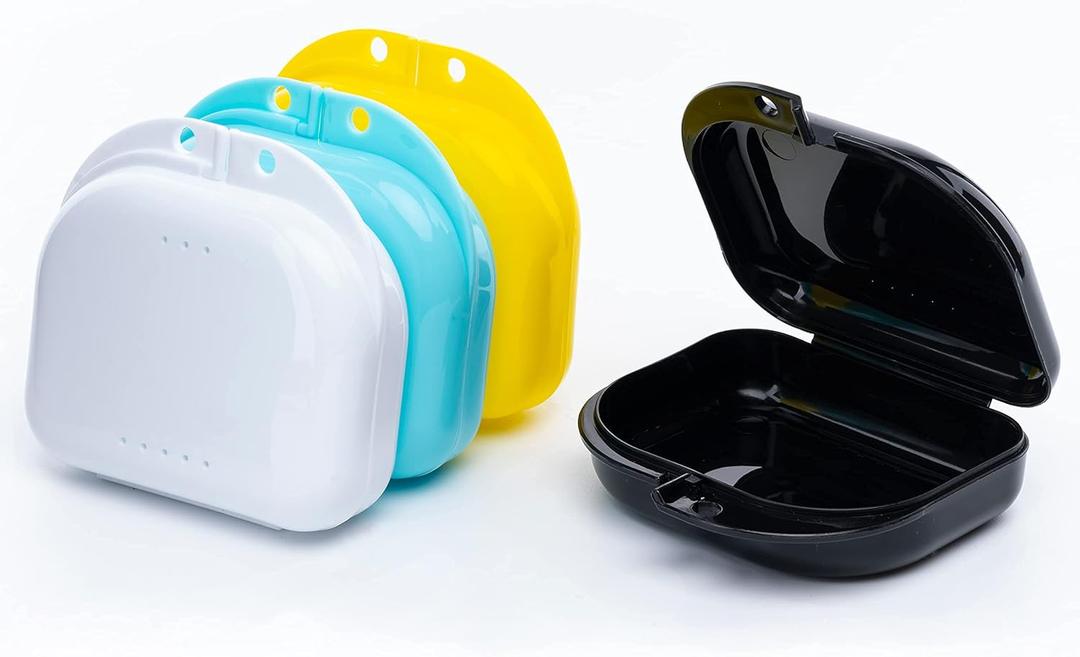 BOOMIBOO Retainer Case with Vent Holes, 4 Pcs Denture Cases, Durable & Similar Mouth Guard Case for Black, White, Yellow and Blue - Tight Snap Lock, Easy to Use
