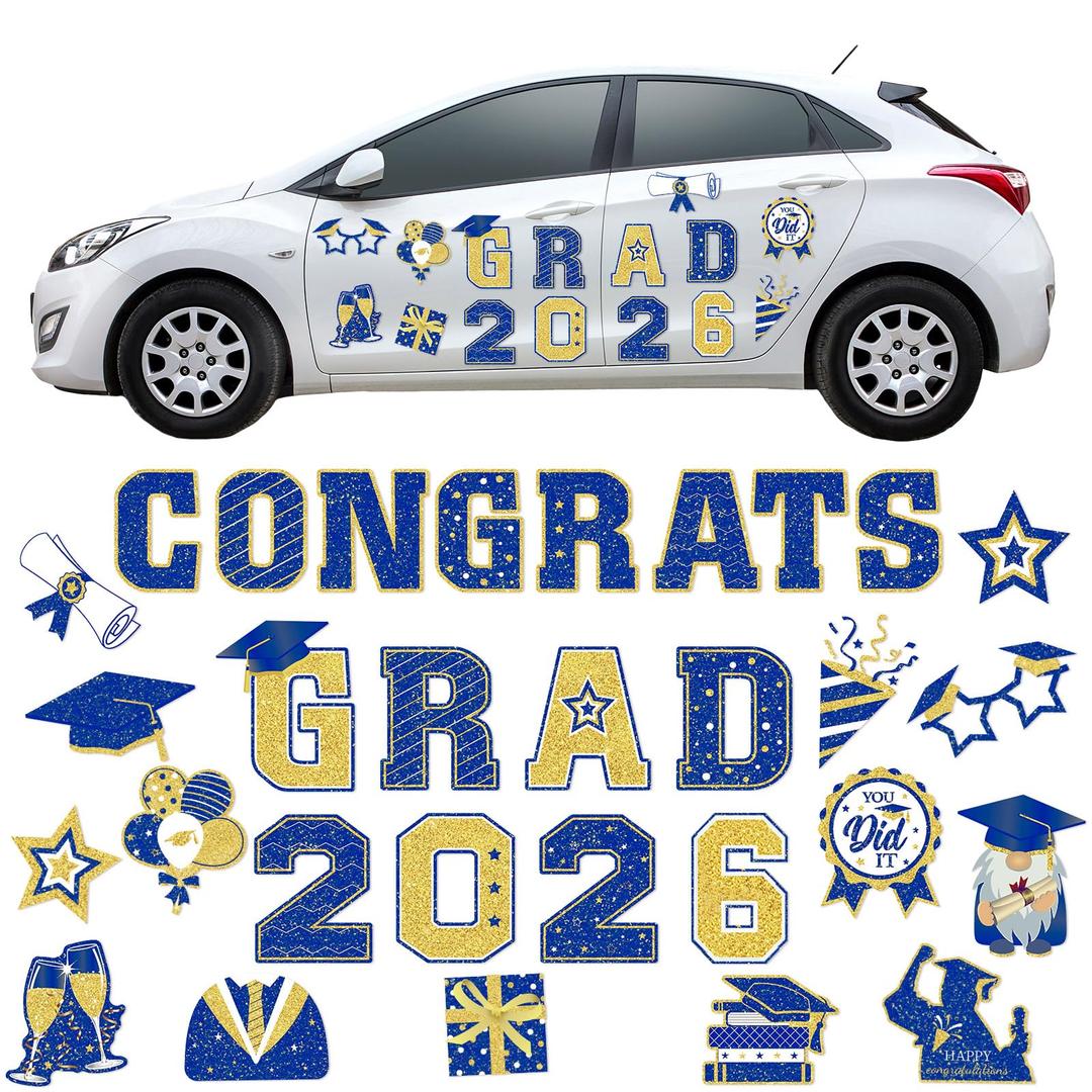 Landhoow 30 Pcs Graduation Car Magnets 2026 Senior Graduation Car Decoration Bumper Sticker Congrats Grad Magnet Magnetic Refrigerator Decal for Grad Parade Party Supplies(Blue, Gold)