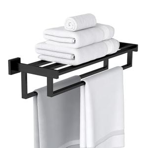 Bathroom Towel Rack with Double Towel Bar, 24 Inch Towel Racks for Bathroom Wall Mounted, Hand Towel Hanger Stainless Steel Towel Shelf Rack Bathroom Towel Storage, Black