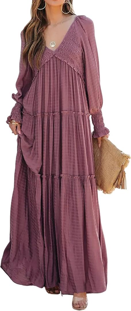 R.Vivimos Maxi Dress for Women Long Sleeve V Neck Empire Waist Layered Ruffle Boho Casual Flowy Long Dresses (Small)