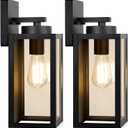 Outdoor Wall Light Fixtures, Exterior Waterproof Wall Lanterns, Porch Sconces Lighting with E26 Sockets & Glass Shades, Modern Matte Black Outside Lights for Patio Front Door Entryway Garage, 2-Pack