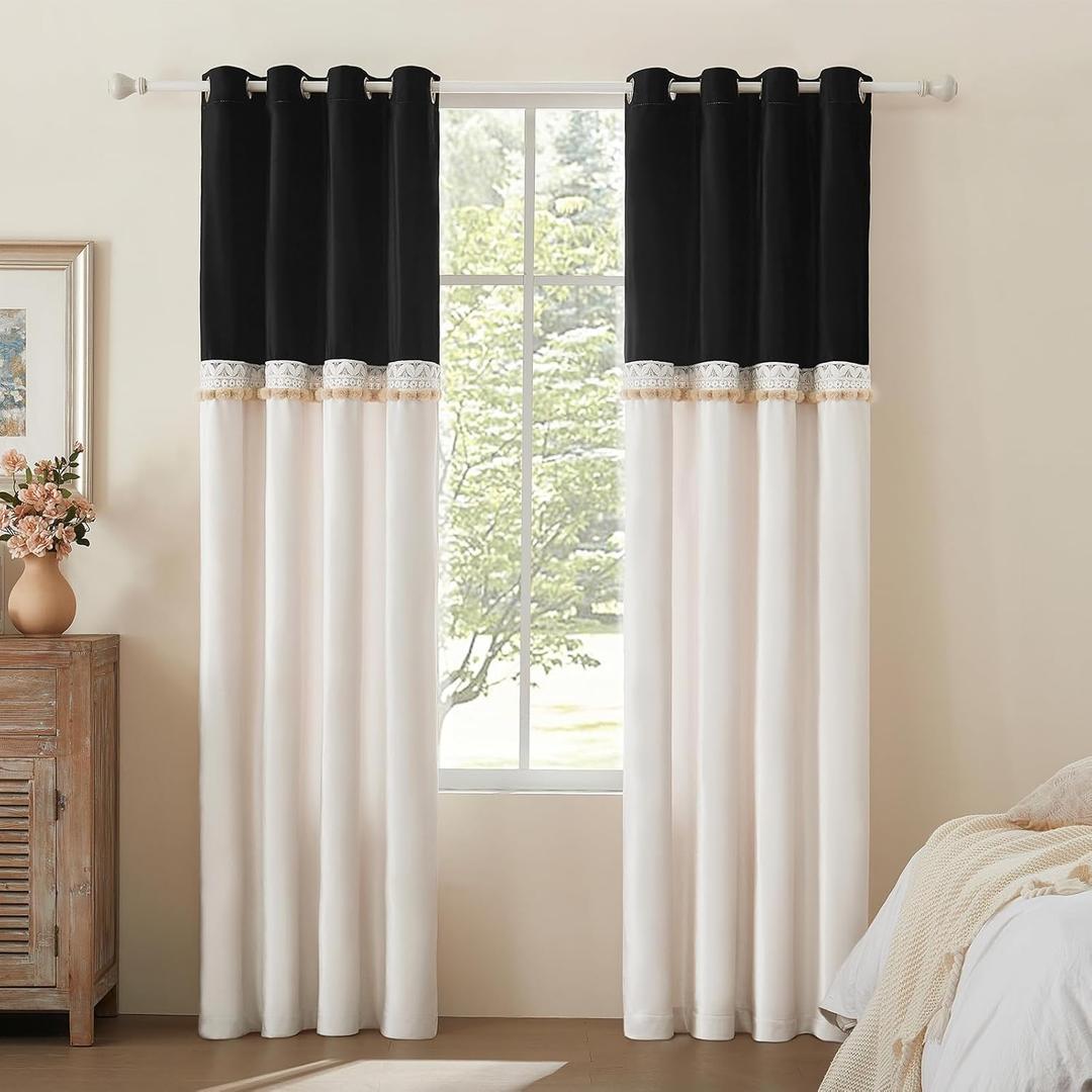Boho Curtains for Living Room 96 Inches Long Dark Grey Ivory 1 Panels Set Farmhouse Window Treatments Curtain Blackout Drapes Lace Pom Pom Embroidered Velvet Curtains