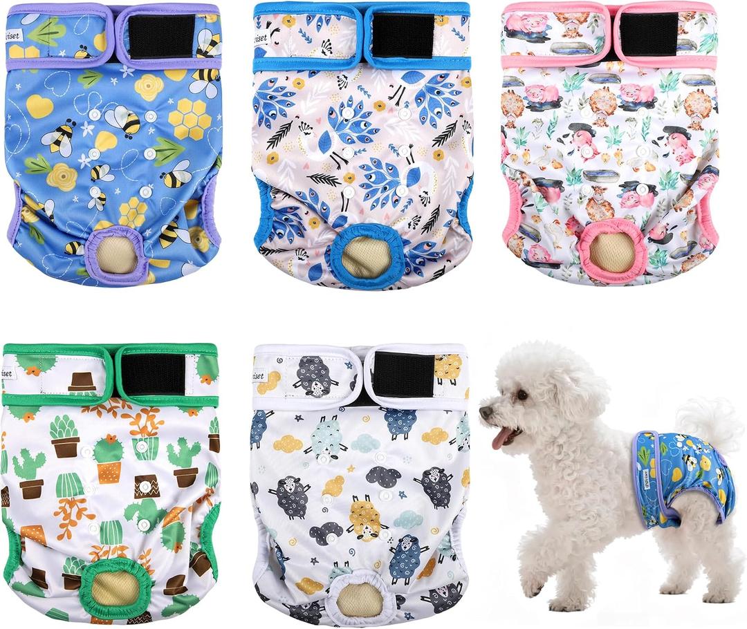 Dog Diapers Female 5pcs,Reusable Dog Doggie Puppy Doggy Diapers Female, Period Panties in Heat, Lamb, Medium