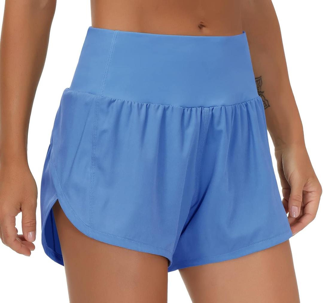 THE GYM PEOPLE Womens High Waisted Running Shorts Quick Dry Athletic Workout Shorts with Mesh Liner Zipper Pockets (Large, Sea Blue)