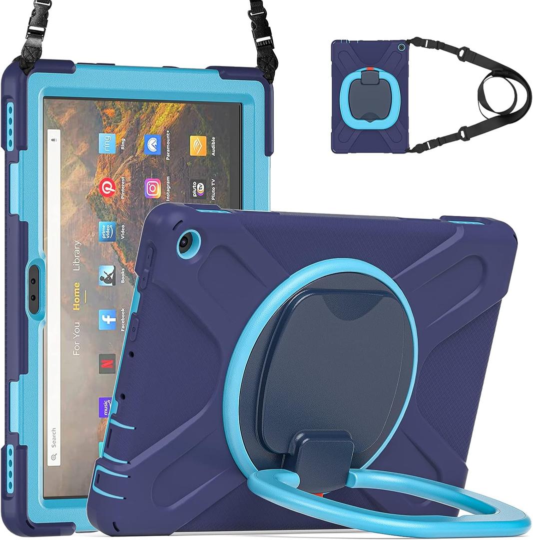 All-New Fire HD 10 & Fire HD 10 Plus Tablet case for Kids(2021 Release,11th Generation),Heavy Sturdy Shockproof Kids Case,Rotating Stand/Carrying Strap, Navy Blue+Blue