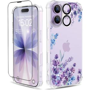 for iPhone 17 Case,[3 in 1] with Screen Protector & Camera Lens Protector, Flower Pattern Design,Clear Soft Shockproof Slim Floral Phone Cover for Women Girls 2025 6.3" (Lavender/Purple)