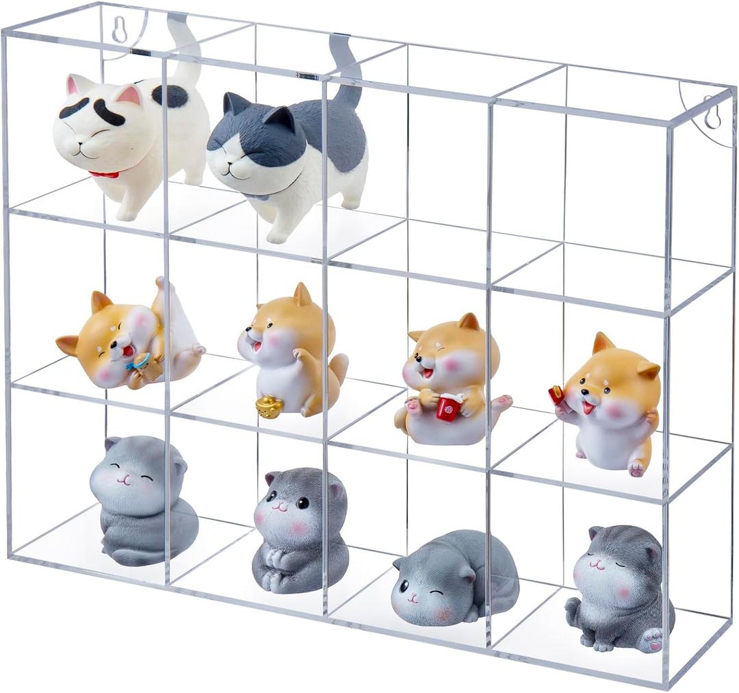 MyGift Clear Acrylic Wall Mounted Display Case for Collectibles, Funko Pop Shelves, Mini Figures, Crystals & Stones - 12 Compartment Shadow Box Shelf Organizer with Secure Mounting (15.5" W x 11.5" H)