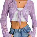 OYOANGLE Women's Crochet Tie Front Sweater Cardigans Bell Sleeve Knitted Cropped Bolero Shrug Cardigan, Small
