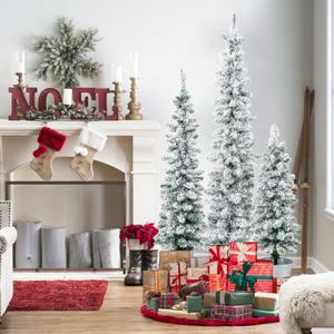 HAPPYGRILL Potted Artificial Christmas Tree Set of 3, Snow-Flocked Pencil Xmas Trees w/ 120 & 140 & 160 Branch Tips, Silver Metal Buckets