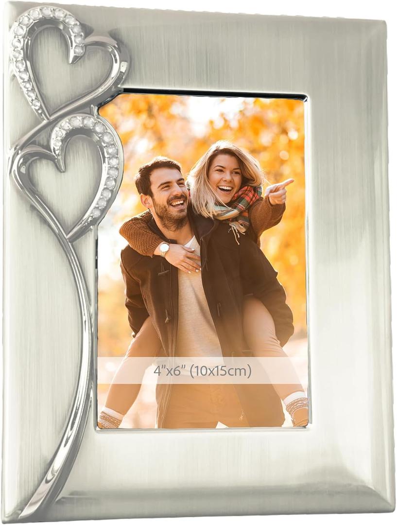 Silver Picture Frame 4x6 with Hearts  Thoughtful Gift Idea for Weddings, Engagement for Couples, Newlyweds, Bridal Shower, Anniversary, Valentines