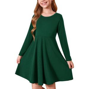 Haloumoning Girls Long Sleeve T-Shirt Dresses Kids Fall A-Line Twirly Skater Dresses 5-14 Years , Size -140, Dark Green