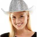 Silver Rhinestone Western Cowboy Hat for Womens - Glitter Cowgirl Hat for Disco Parties and Costumes