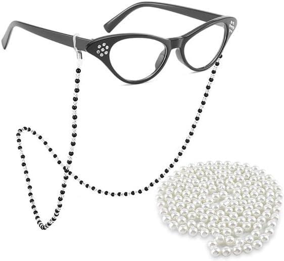 Old Lady Costume for Women Rhinestone Cat Eye Glasses Sunglass Chain Beaded Faux Pearl Necklace Costume accessories for Party (Black)