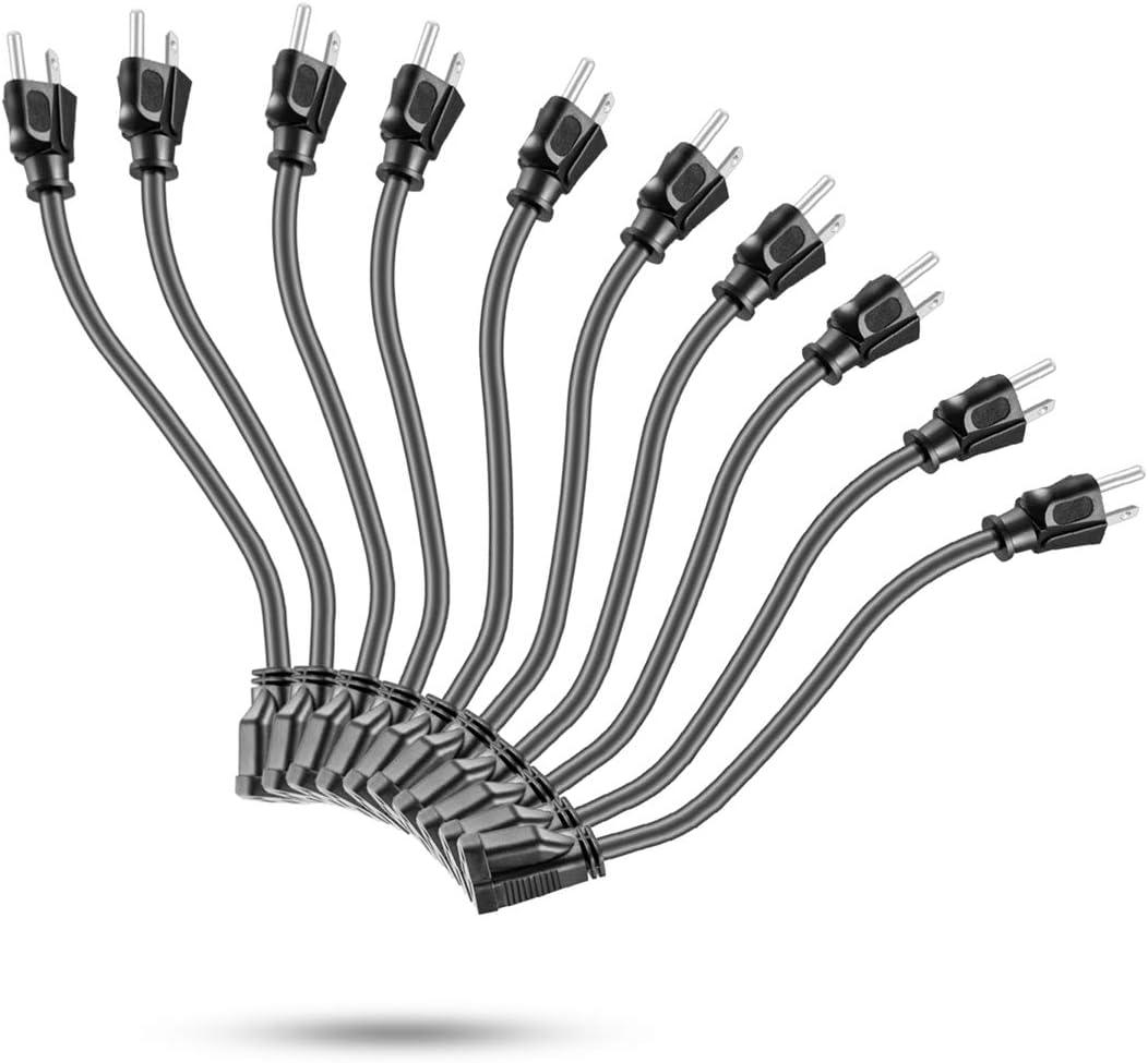 KMC Power Extension Cord 10-Pack, Outlet Saver, 16AWG 3 Prong, 1-Foot Cord