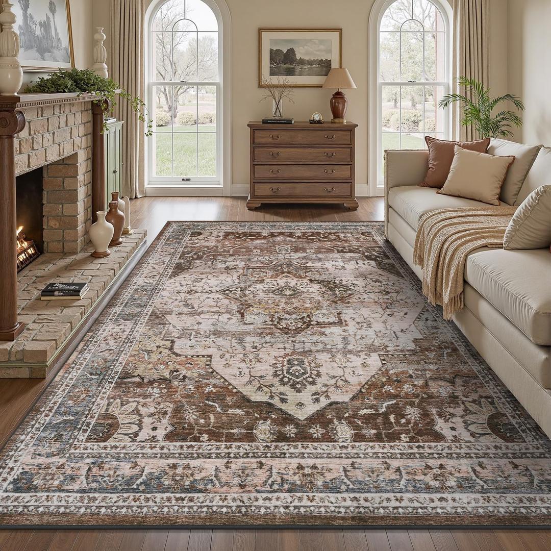 8x10 Area Rugs for Living Room Rug Brown Bedroom Rug Carpet Washable Neutral Vintage Dining Room Rugs for Under Table Soft Comfortable Non Slip