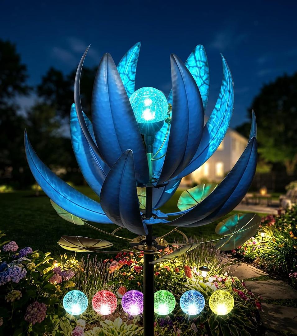 Wind Spinners Outdoor 79 Inch Large Metal Wind Spinner with Solar Crackle Glass Ball, Lotus Kinetic Windmill for Yard Garden Lawn Decor, Outdoor Yard Art & Housewarming Gift (20 W x 79 H)