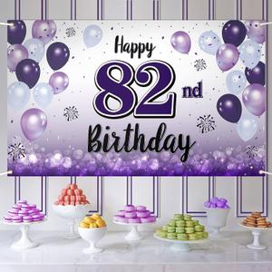 Happy 82nd Birthday Decorations,82nd Purple Balloon Large Birthday Banner Backdrop Sign - Cheers to 82 Years Old Bday Party Supplies