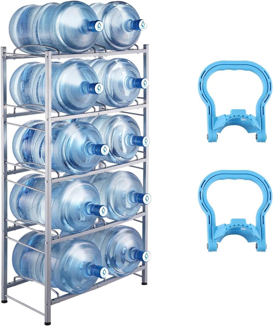 VEVOR 5 Gallon Water Jug Holder, 5 Tiers Double Row Heavy Duty Water Bottle Rack with 10 Slots, Detachable Water Jug Stand for Kitchen, Office, Living Room- Silver