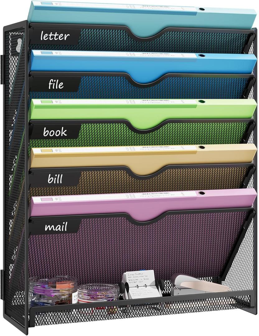 Hanging Wall File Organizer 6-Tier Wall Mount Mail Organizer & Desk Paper Organizer, Sleek Black Metal File Folder Holder for Office, Cubicle, Bedroom | All-in-One Document Storage Shelf