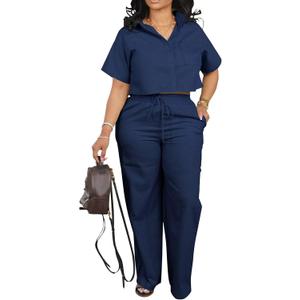 ThusFar Women Linen 2 Piece Outfits Short Sleeve Button Down Crop Top Drawstring Long Pants Suit Summer Work Lounge Set (XX-Large, Typeh-navy)