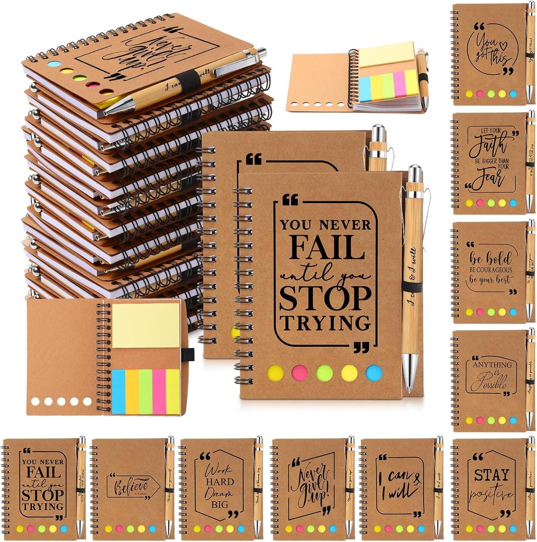 Tenceur Inspirational Gifts Bulk Appreciation Notebook and Pen Set Spiral Journal Notepad with Sticky Notes Motivational Bamboo Ballpoint Pen Bulk for Teacher Employee Team Appreciation(50 Sets)