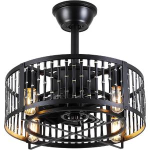 Dannilong Caged Ceiling Fans with Lights and Remote, Industrial Ceiling Fan with Light Bladeless, Small Ceiling Fan for Kitchen Bedroom Outdoor, 18 Inch Black Fandelier, Reversible Quiet Motor
