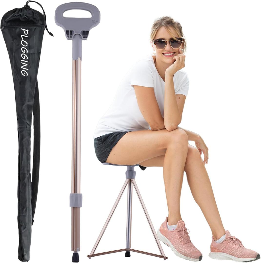 PLOGGING Portable Cane Chair Foldable with Carry Bag, Lightweight Walking Stick with Seat, Sturdy Tripod Seat Cane for Men & Women, Walking Cane with Seat for Seniors, Adults(Rose Gold)