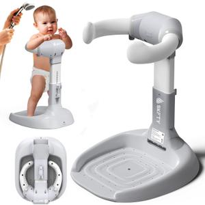 Baby Shower Stand with Anti-Slip Base & Anti-Pinch Silicone, Adjustable Foldable Baby Bath Support for Toddlers 6-36 Months, Portable Standing Helper with Shower Holder 