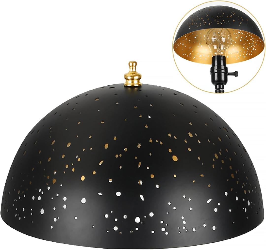 ALUCSET Clip On Lamp Shade, Metal Dome Shaped Light Bulb Cover Modern Lighting Decor, Small Lampshade for Ceiling Lights, Wall Mounted Lights - Black Gold Hollowed Shade 8" Diameter x 4" Height (1 Pack)